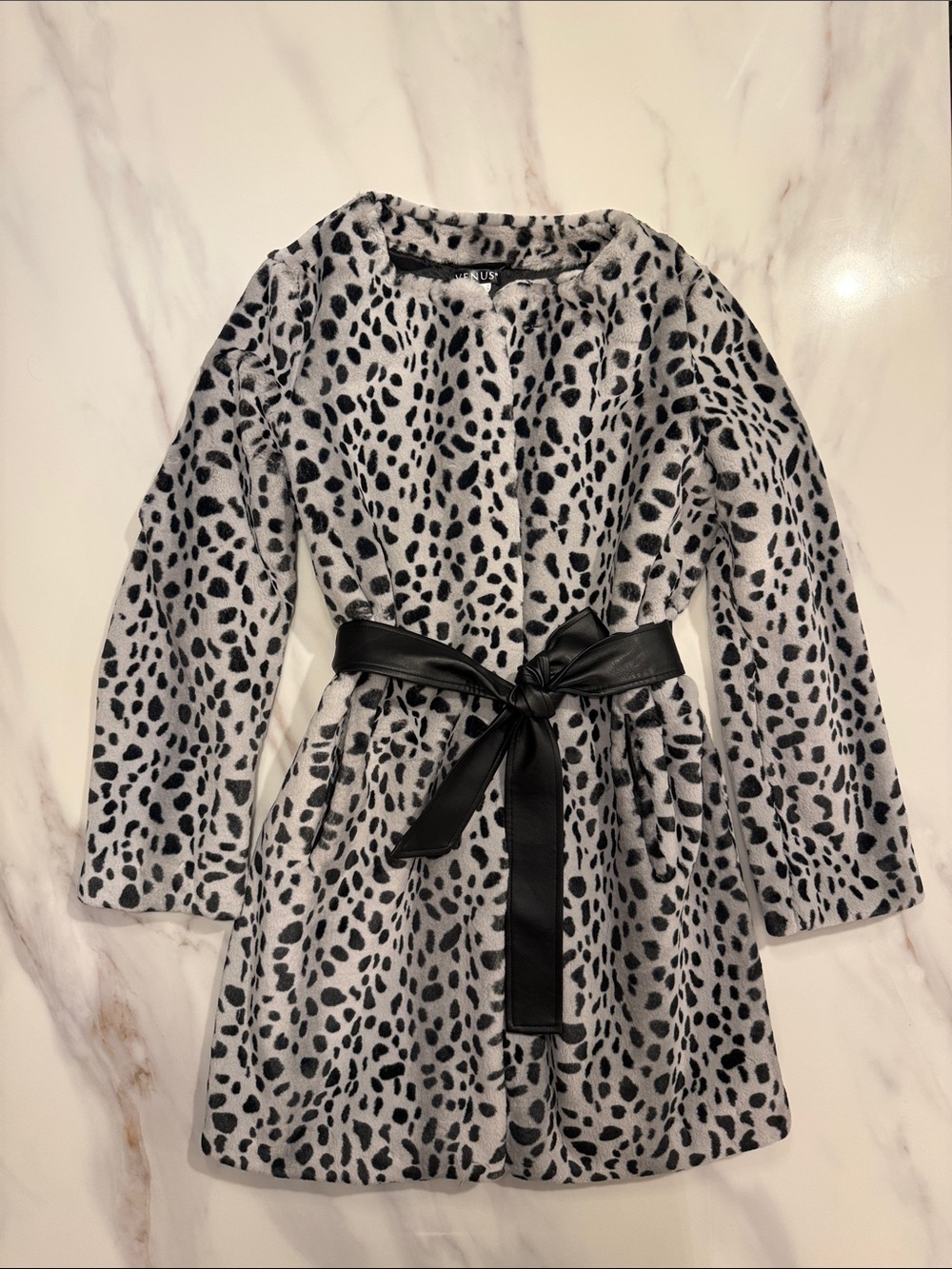NEW VENUS Snow Leopard Plush Faux Fur Teddy Coat Jacket w/ Belt sz 6 Grey Black